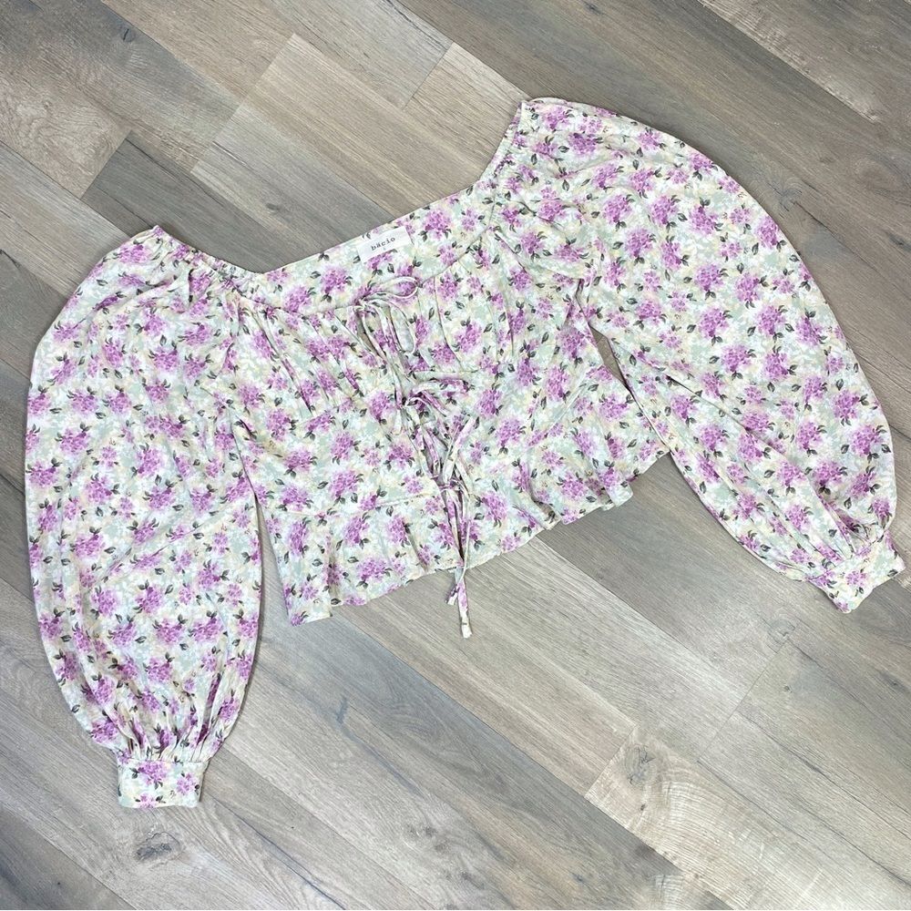 Bacio Floral Tie Front Puff Sleeve Crop Blouse White Purple Large - Picture 8 of 12